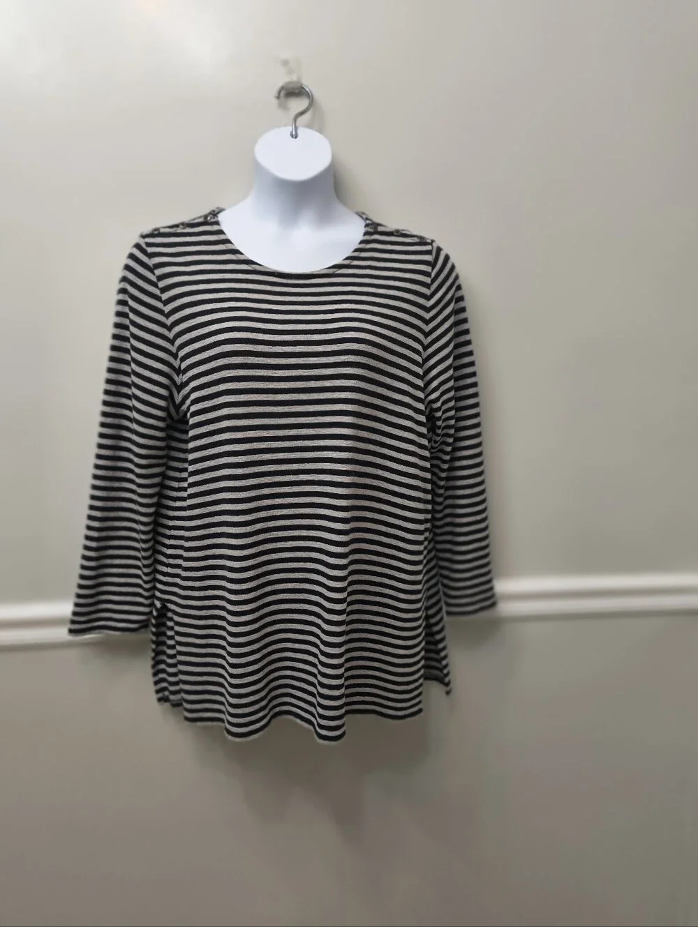 J. Jill Cotton Striped Pullover Knit Tunic Top Black Gray XL Nautical Boho Casua